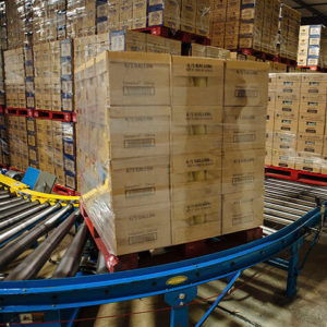 pallet conveyor moving fully loaded pallet
