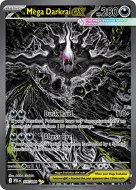 Mega Darkrai GX trading card with dark, eerie artwork and stats.