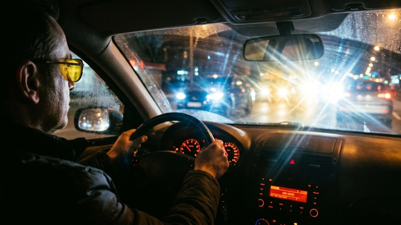 Person driving at night wearing yellow tinted glasses, showing nighttime road with headlights and streetlights, illustrating reduced glare and contrast while driving in low-light c