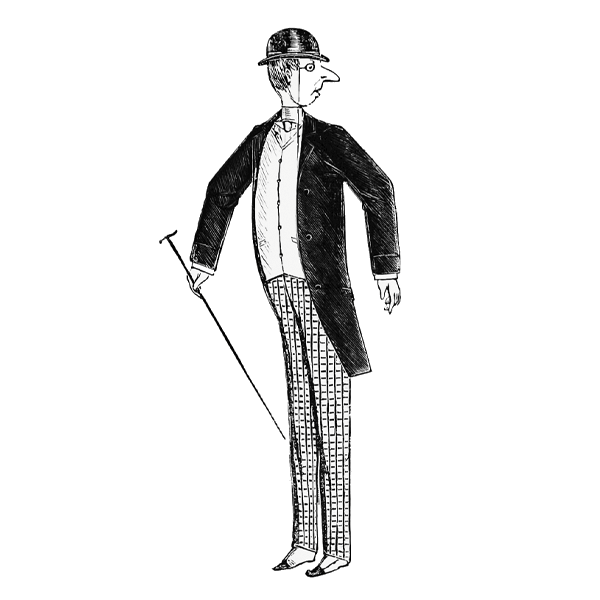 A black and white etched illustration of a gentleman in a suit and hat.