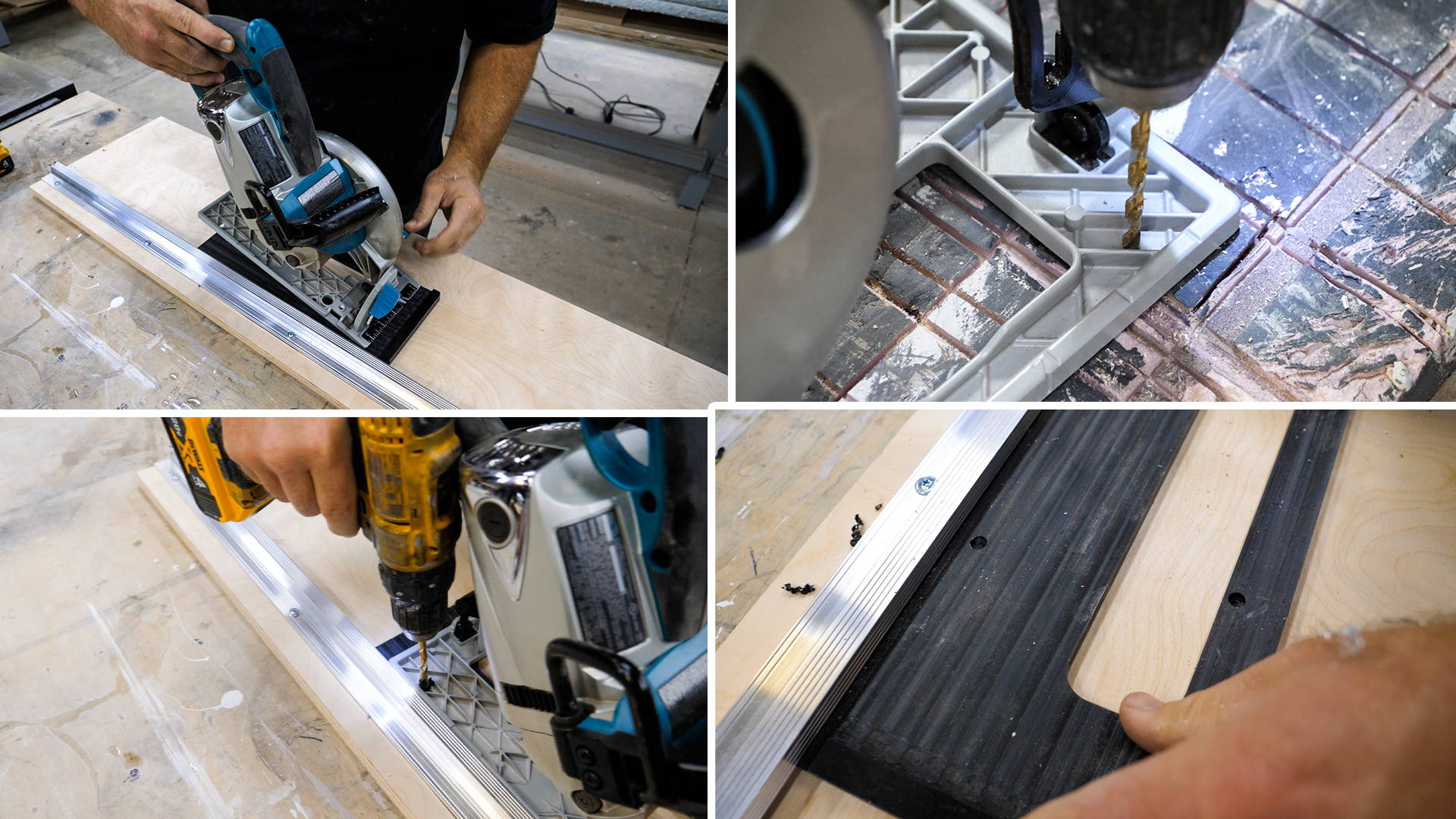 Step #4: Secure base to saw. Slide base into guide, position circular saw, mark and drill holes through the base and saw.