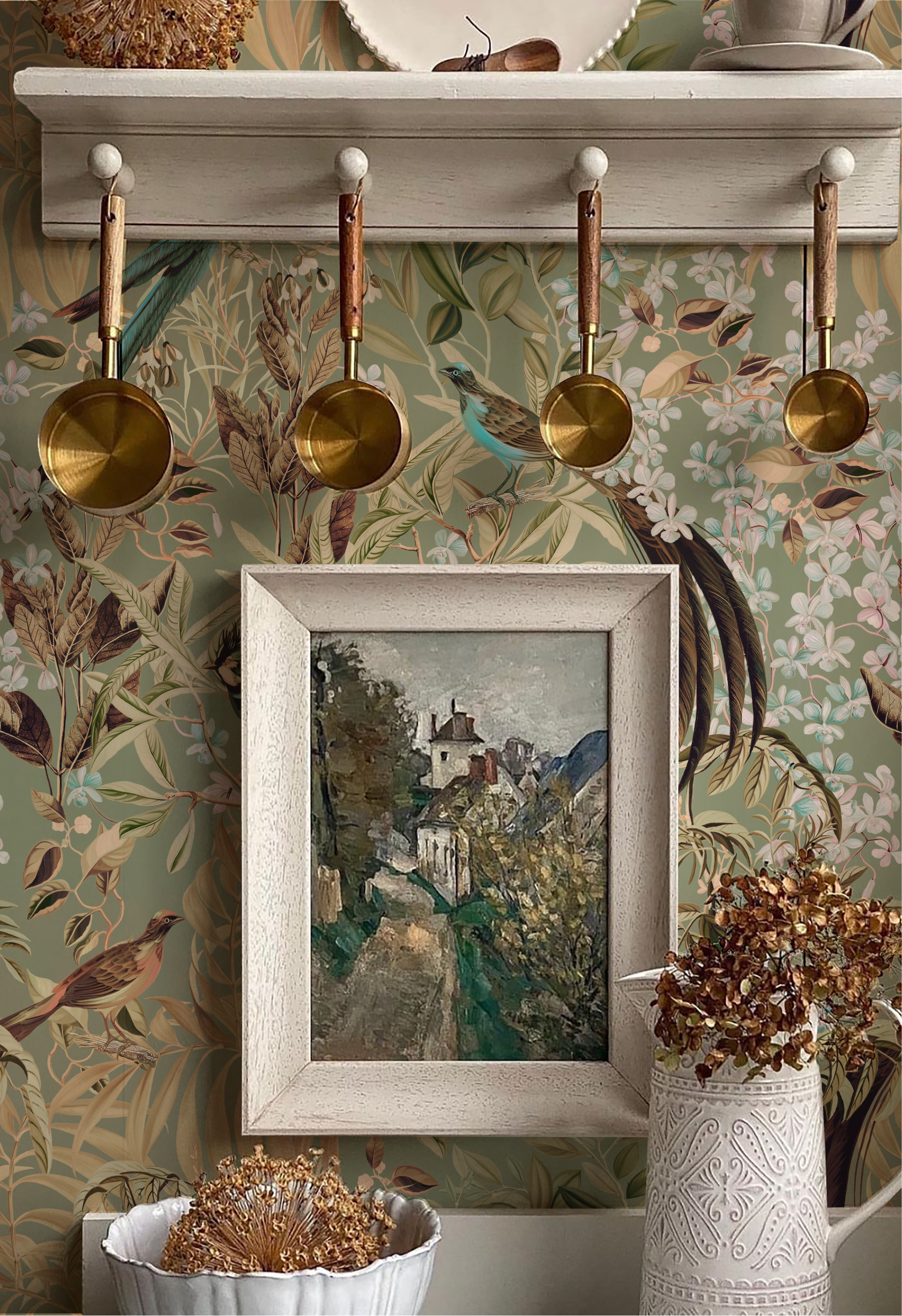 DEUS-EX-GARDENIA-Resplendant-Woods-Wallpaper -Willow-green-blue-bird-floral-leaves-wallpaper