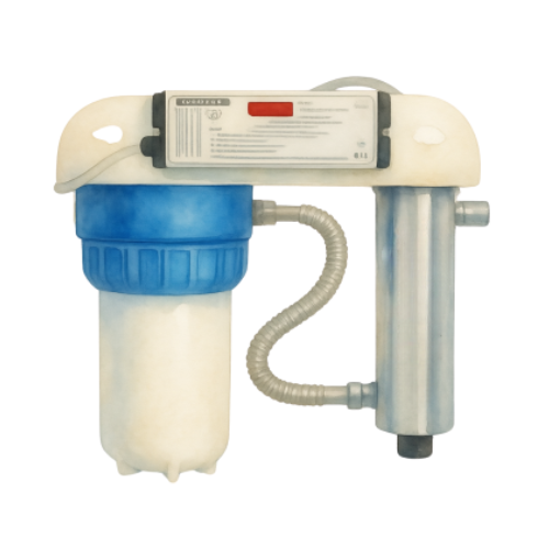 Sistema de filtración de agua con un filtro azul y tubos metálicos conectados.