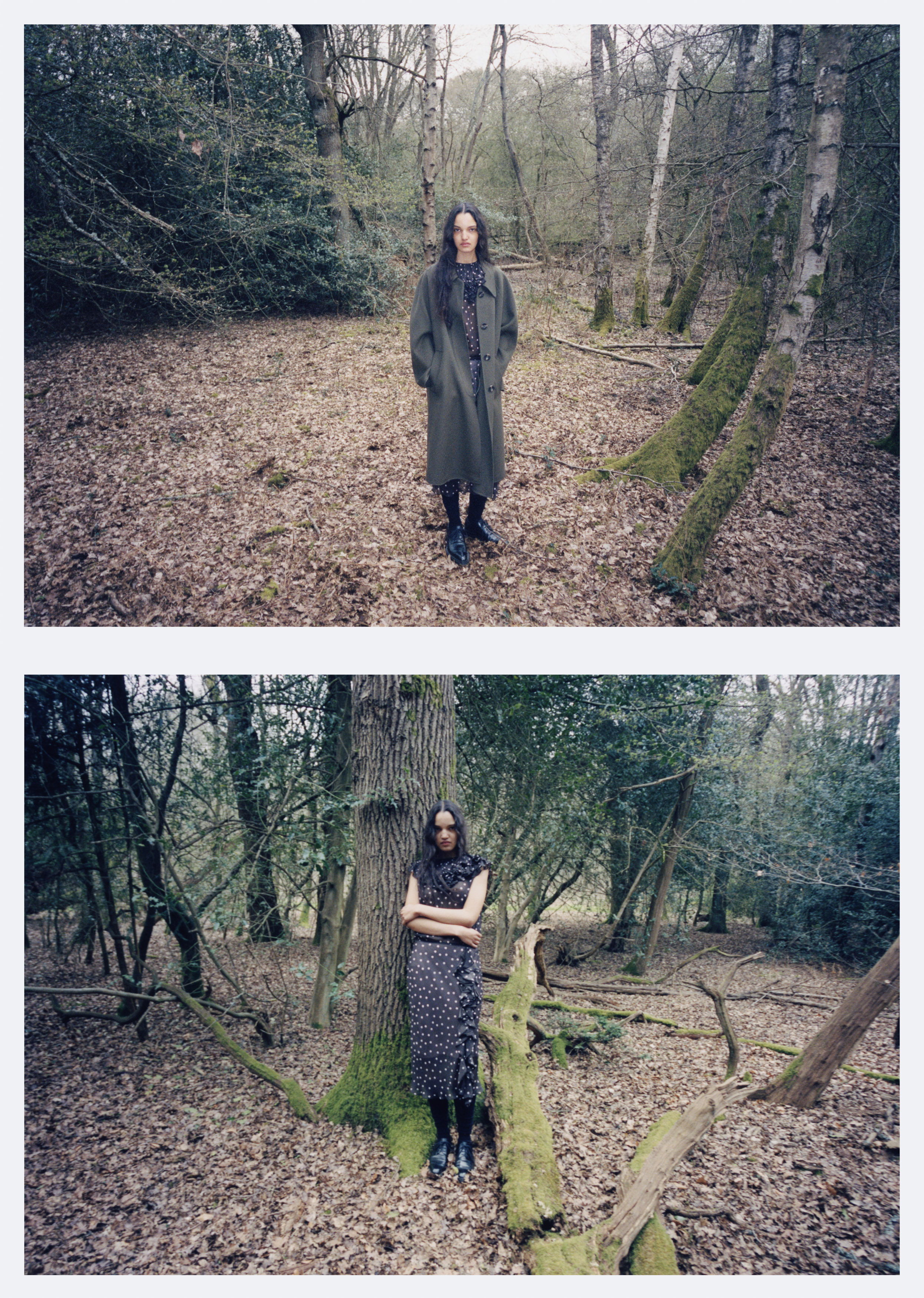 Two images of a woman standing in a forested area.