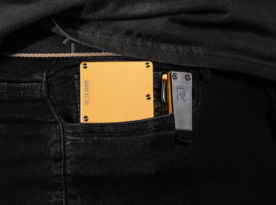 24 Karat Gold Ridge wallet and keycase in the pocket