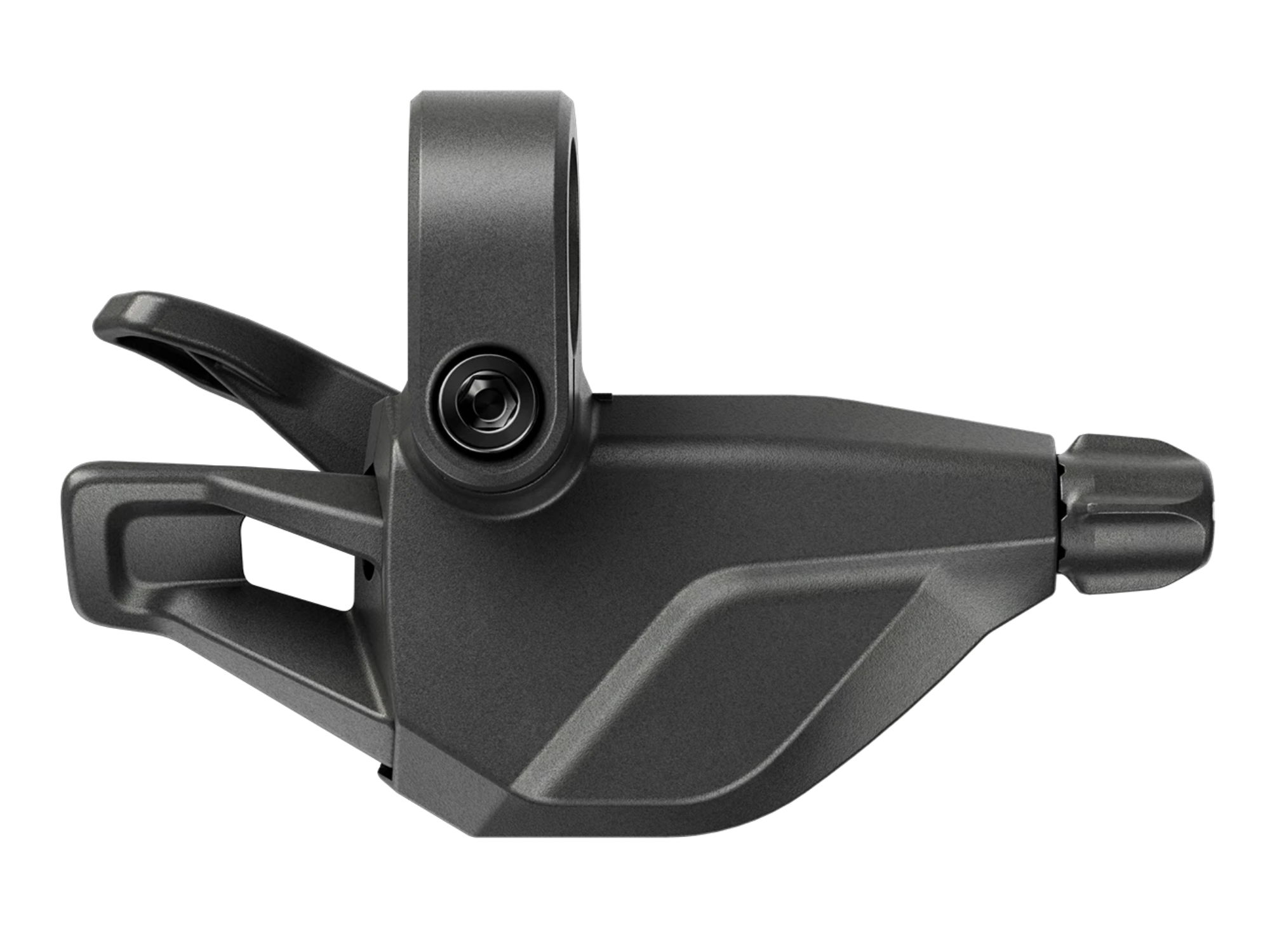 Bicycle gear shifter in black with lever and adjustment knob.