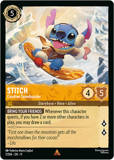 Card featuring Stitch, a character snowboarding in a winter scene.