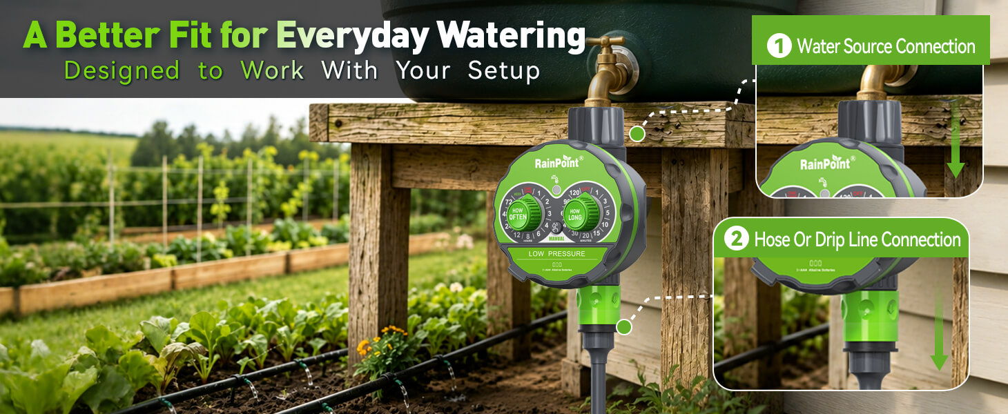 Image of a watering device with garden background and promotional text.