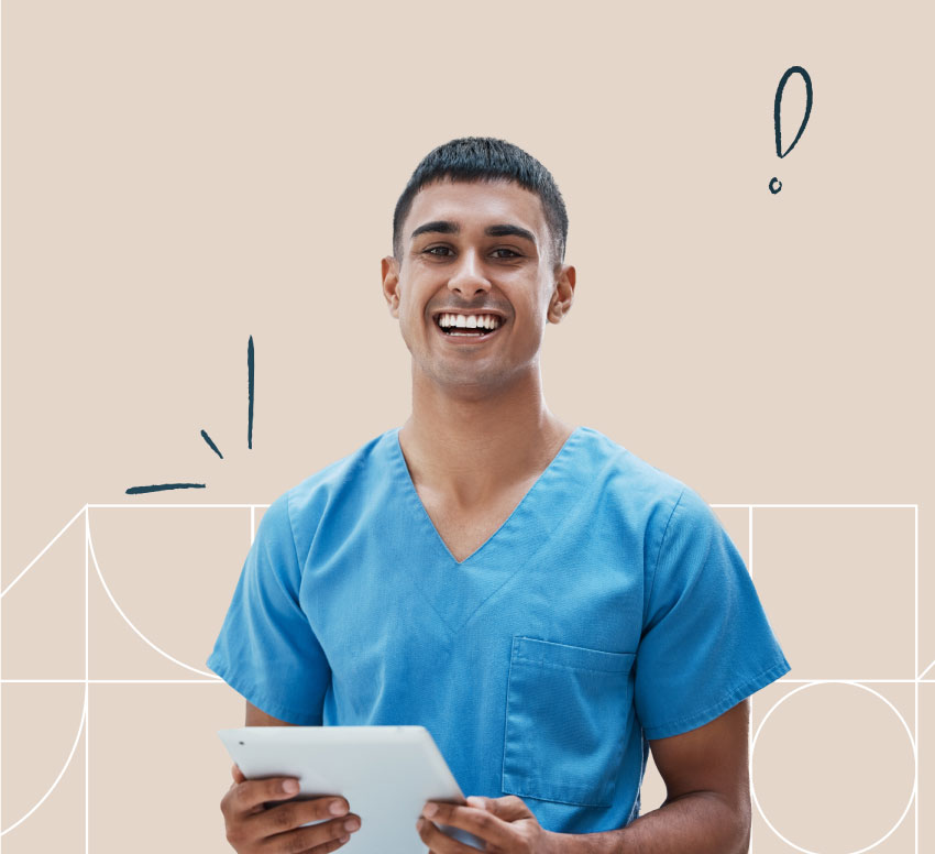 male nurse smiling while holding a tablet with some decorative designs behind him