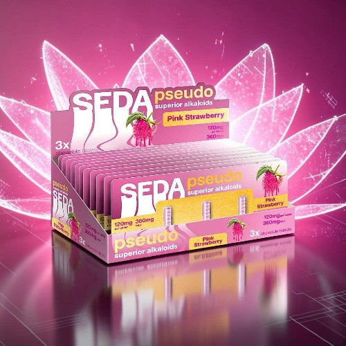 SEDA pseudo product box with pink strawberry flavor on a vibrant background.
