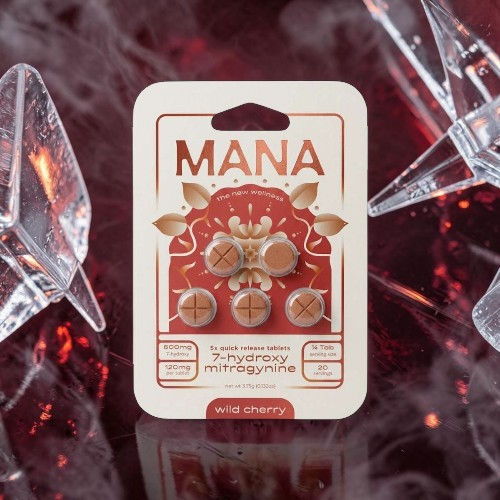 A pack of Mana pills surrounded by ice cubes and a red background.