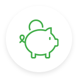 Green piggy bank icon inside a circular white background.