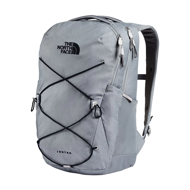 Gray backpack with The North Face logo and bungee cord design.