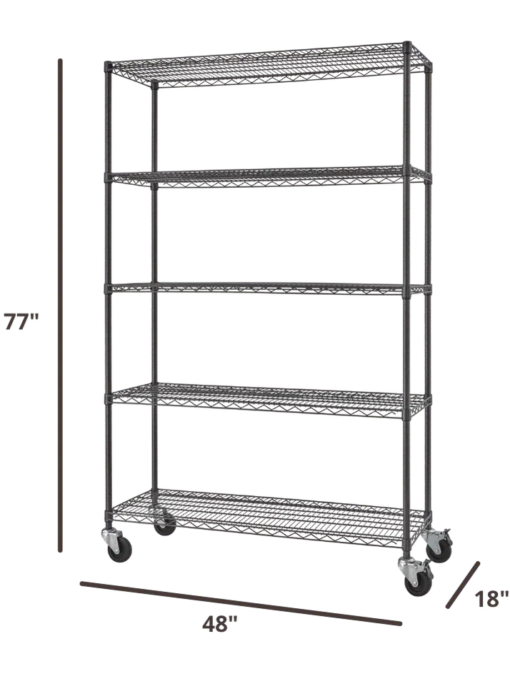 77 inches tall by 48 inches wide shelving rack with 5 shelves and wheels
