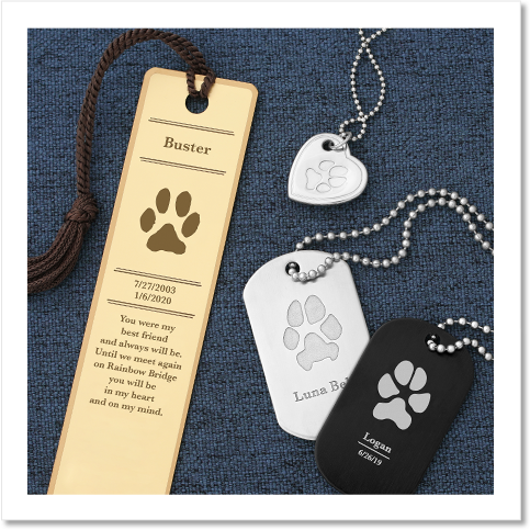 jewelry and keepsakes engraved with a pet’s paw prin