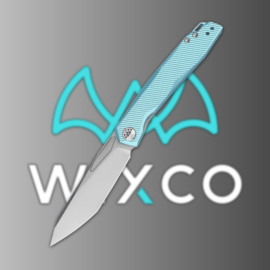 A blue folding knife with a silver blade against a gradient background.