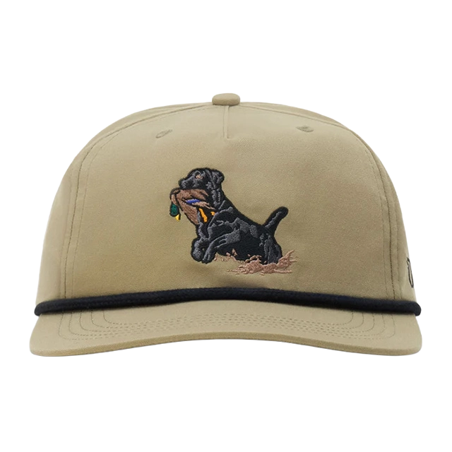 Beige cap with black dog embroidery holding a toy.