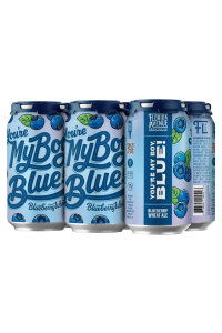 Four cans of blueberry-flavored beverage with vibrant blue packaging.