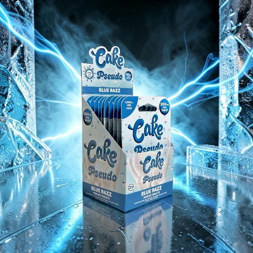 Cake brand product display with blue packaging and an icy background.