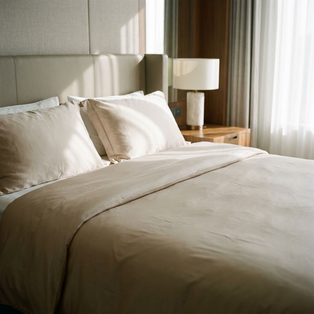 A neatly made bed with beige linens and soft lighting.