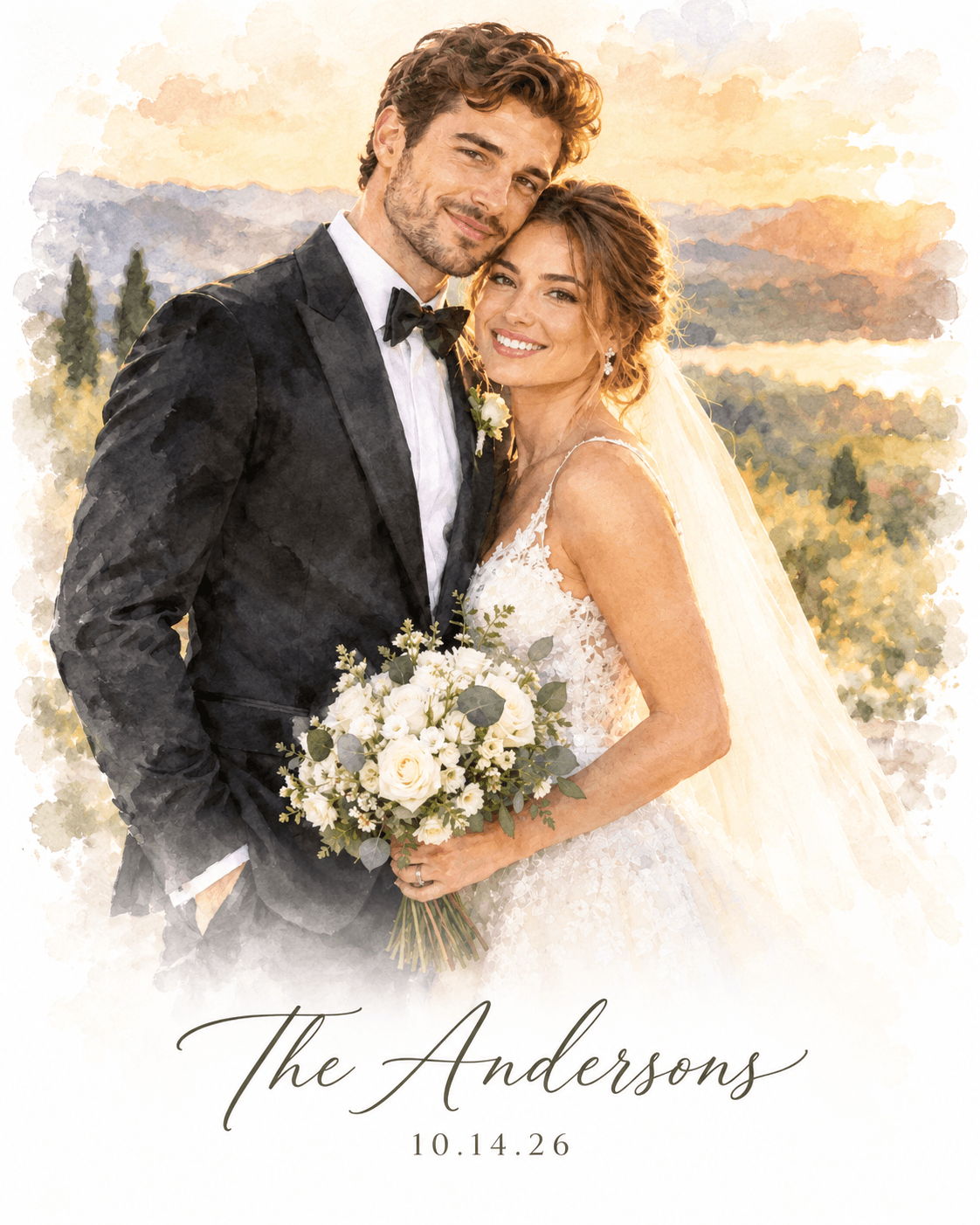 A couple in wedding attire holding flowers with a scenic background.