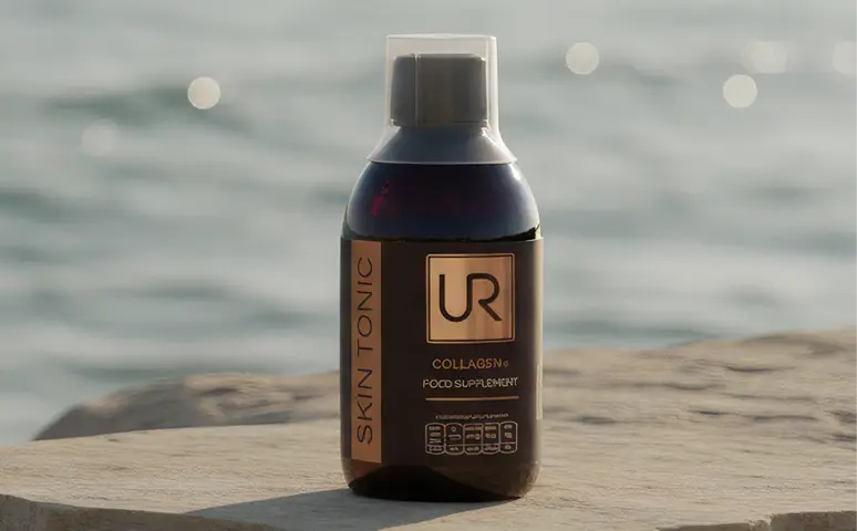 Bottle of skin tonic placed on a stone by the water.