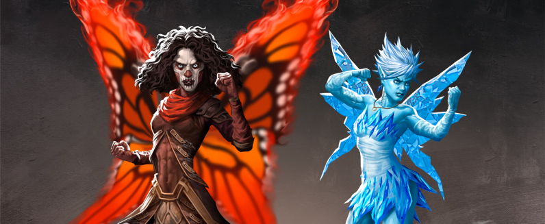 Two fantasy characters with butterfly wings, one fiery and one icy.