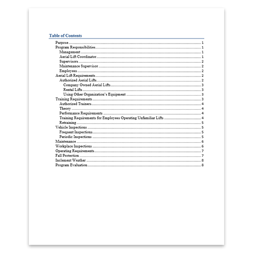 Manlift Policy Table of Contents