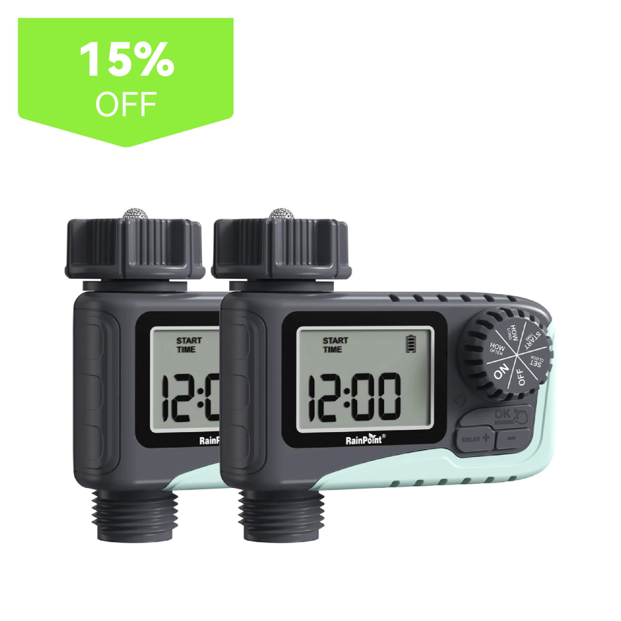 Two digital timers with a 15% off promotion label.