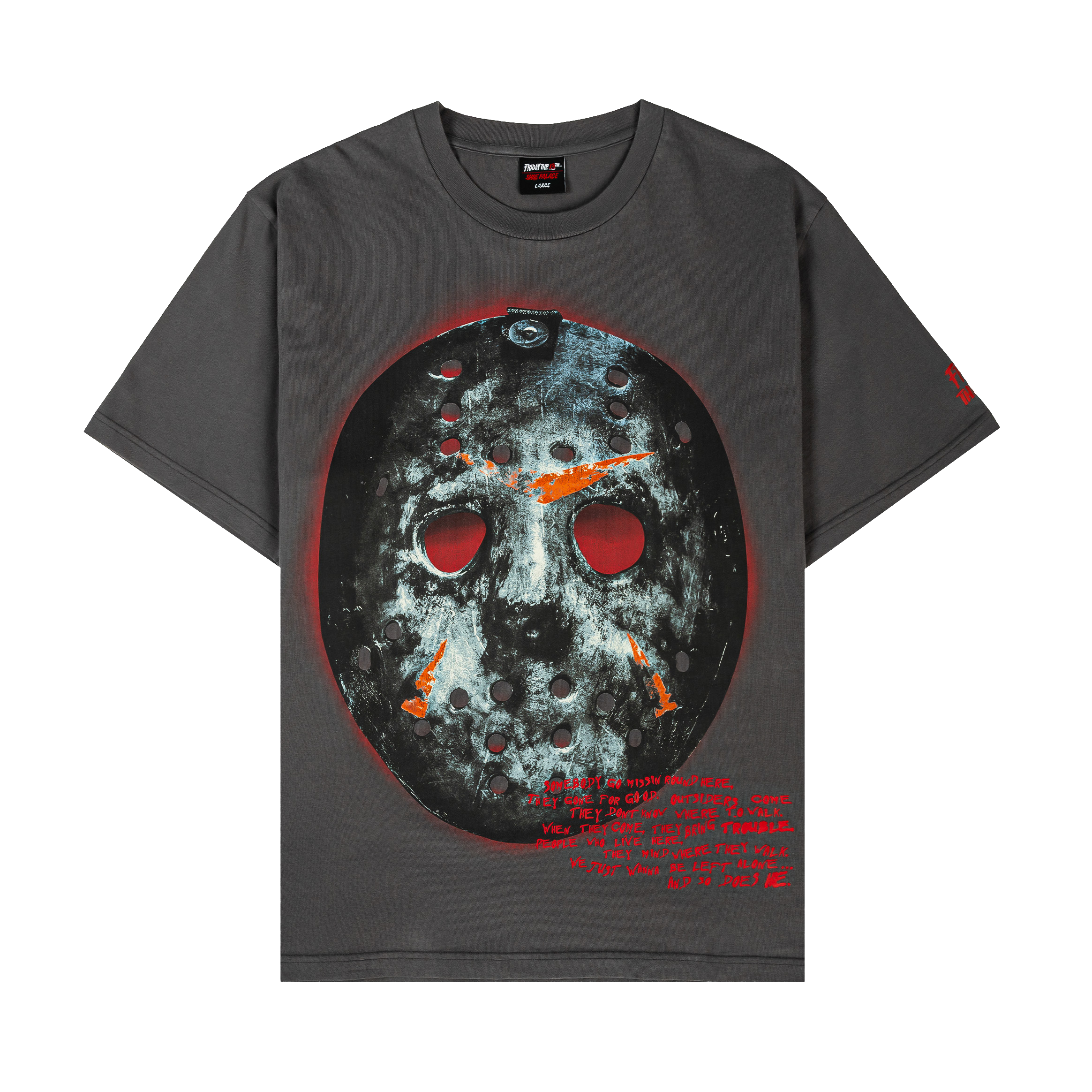 Gray t-shirt featuring a graphic of a hockey mask with red details.