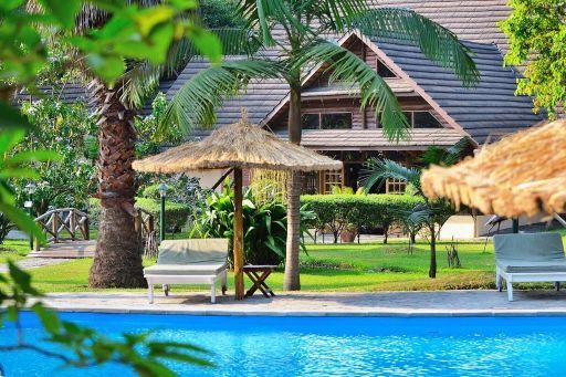 Lodge exterior and swimming pool