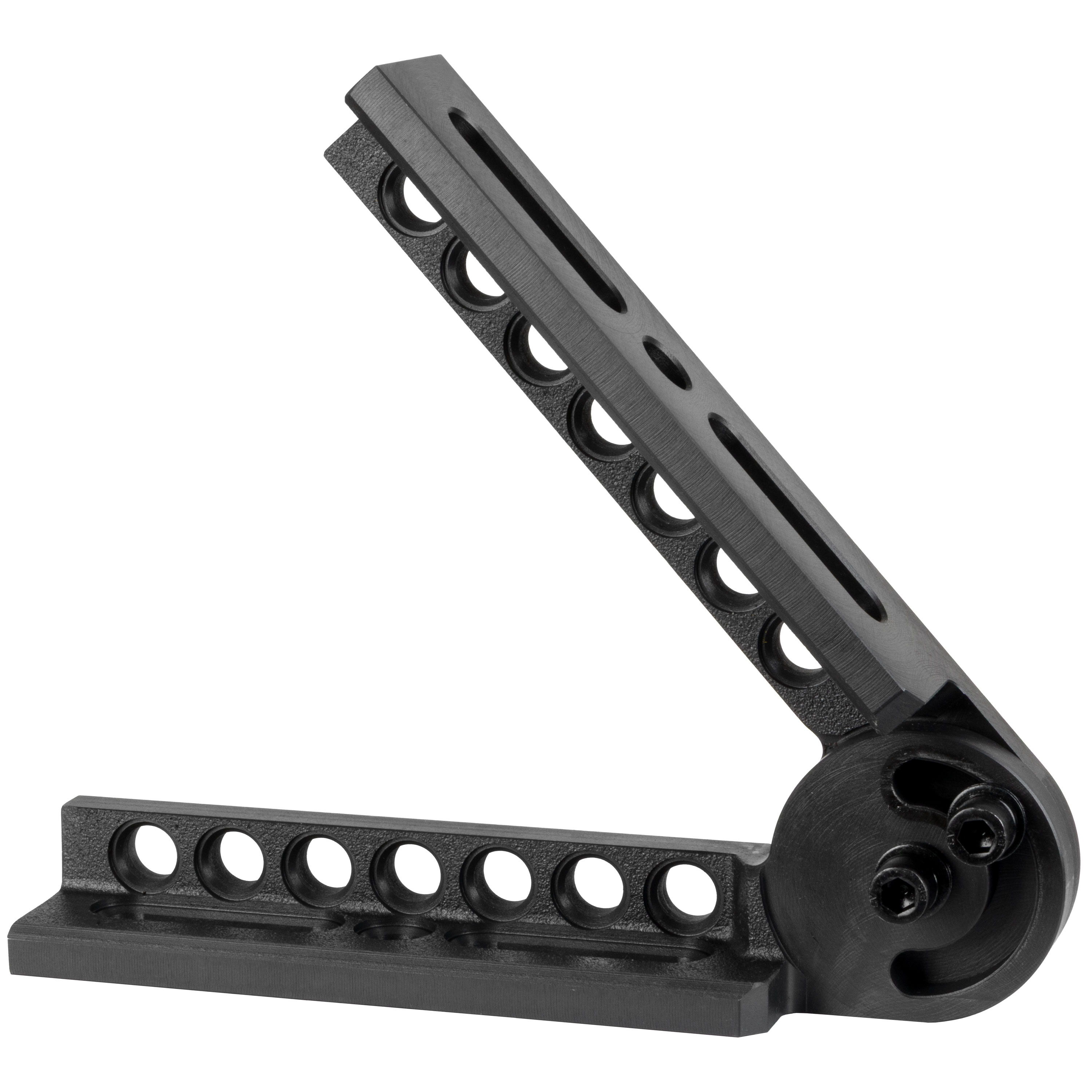 Black adjustable hinge with multiple holes for mounting.