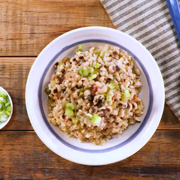 High Quality Organics Express black eyed peas with bacon and carolina gold rice