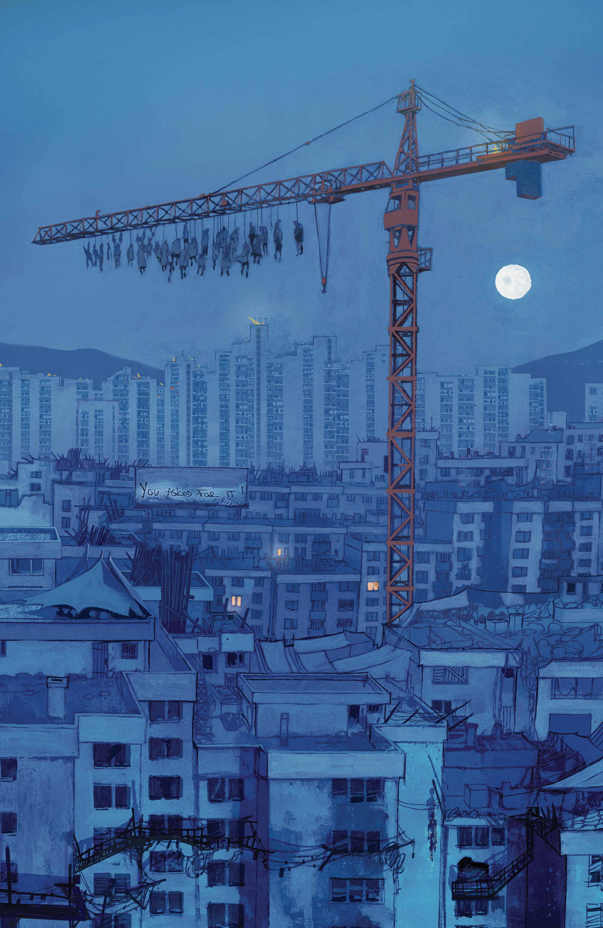 Construction crane over a cityscape at night with a full moon.