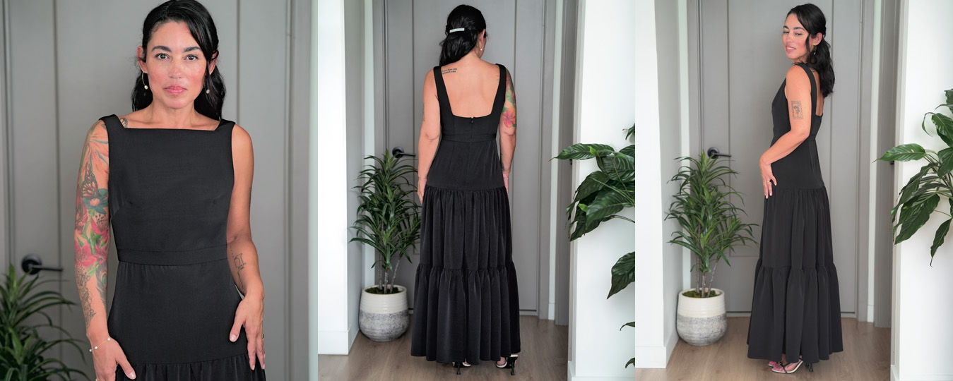 Woman wearing a black dress, shown from multiple angles in an indoor setting.
