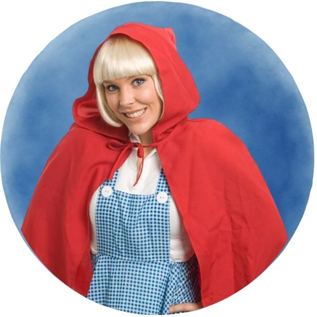 A blue circle with a model wearing a red storybook cape. Click to shop all Book Week Capes.