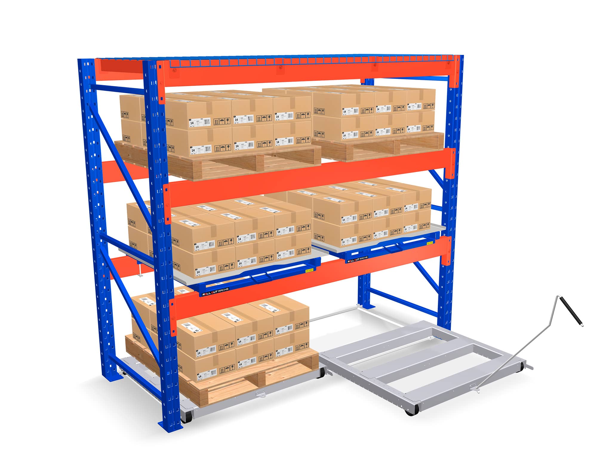 Warehouse shelving unit with stacked boxes on pallets.