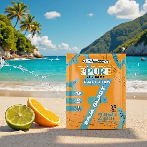A product box on a beach with citrus fruits and tropical scenery.