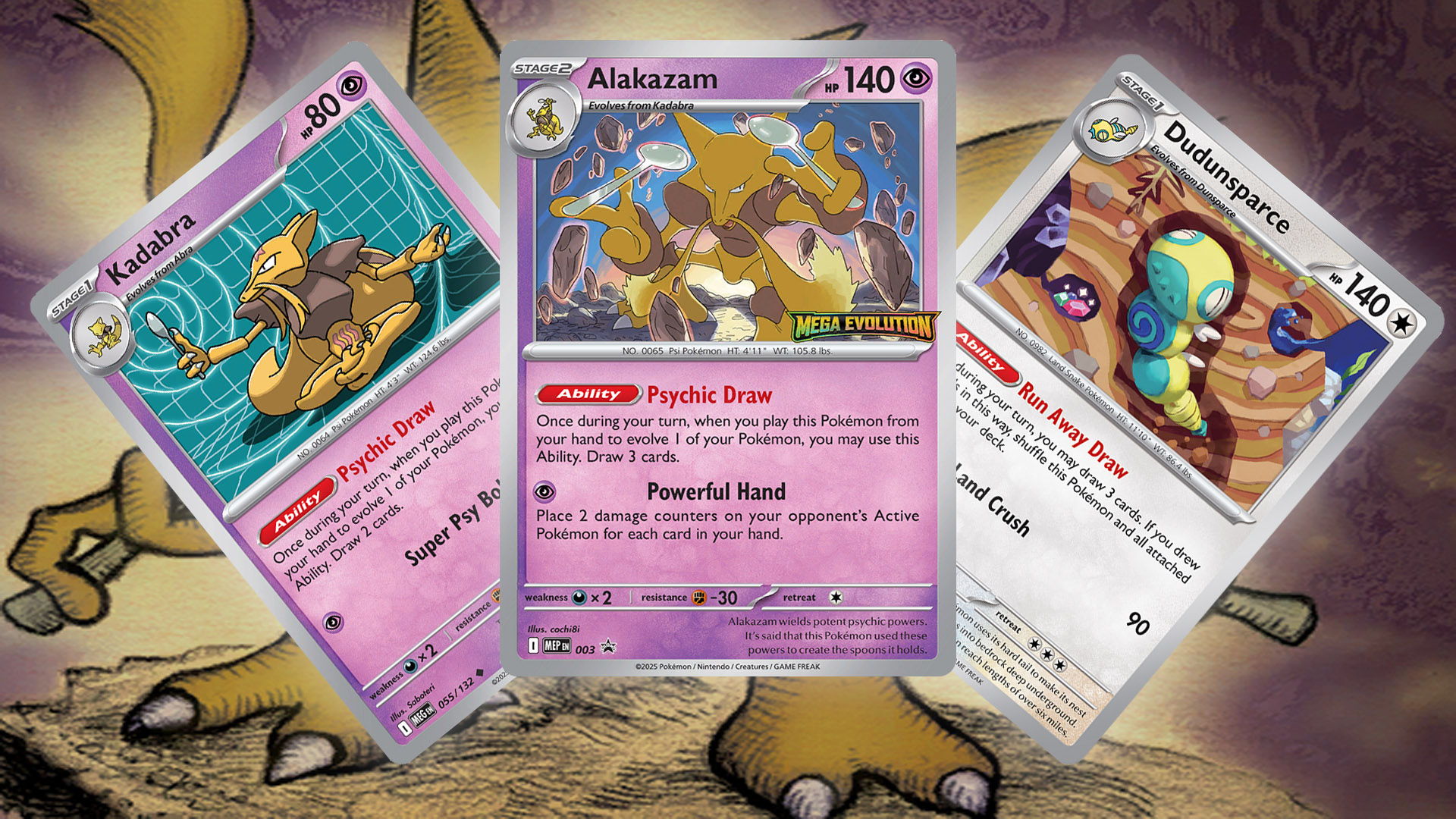 pokémon meta breakdown - The cards Pokémon TCG cards for Alakazam, Kadara, and Dudunsparce.