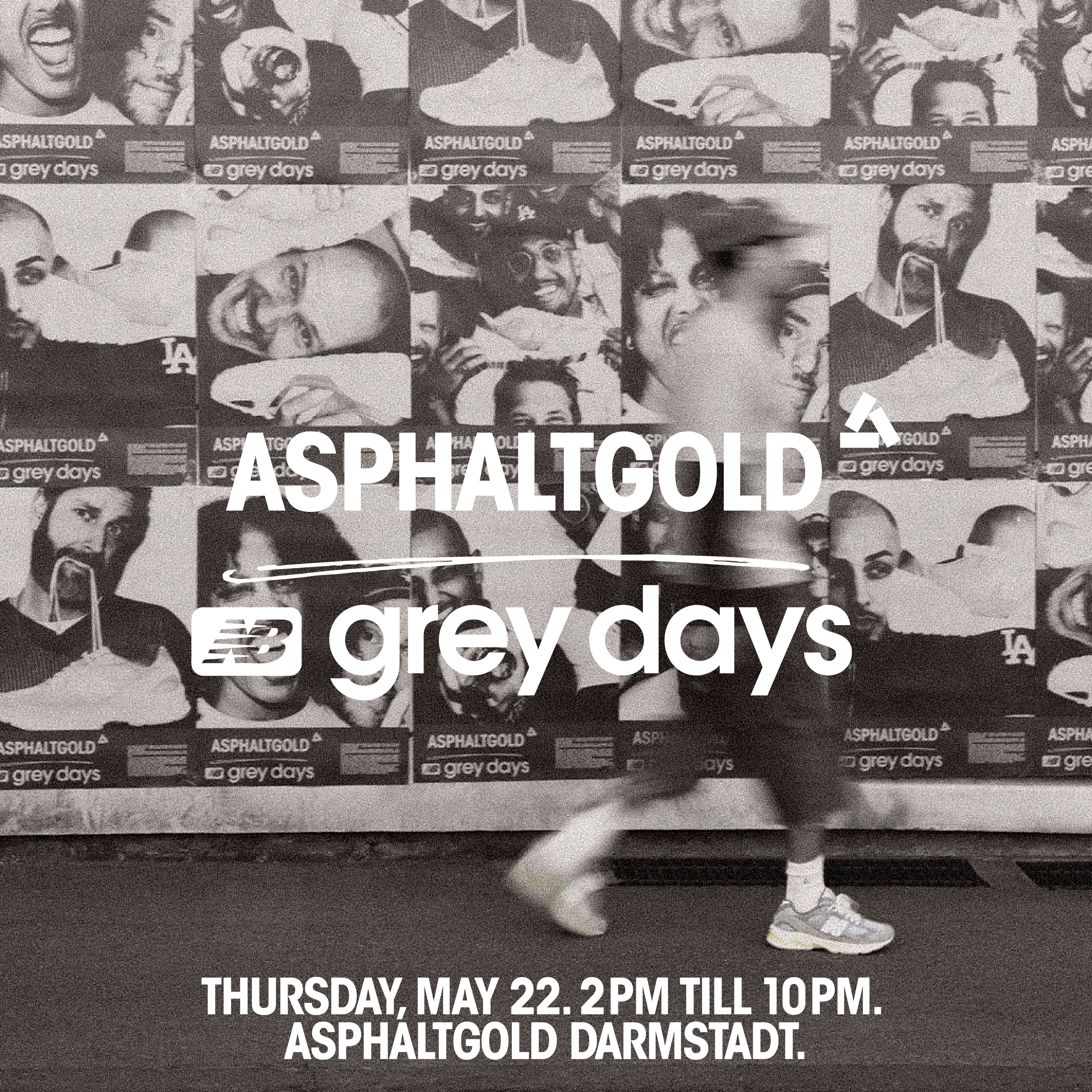 Event poster for Asphaltgold's Grey Days, featuring a person running.