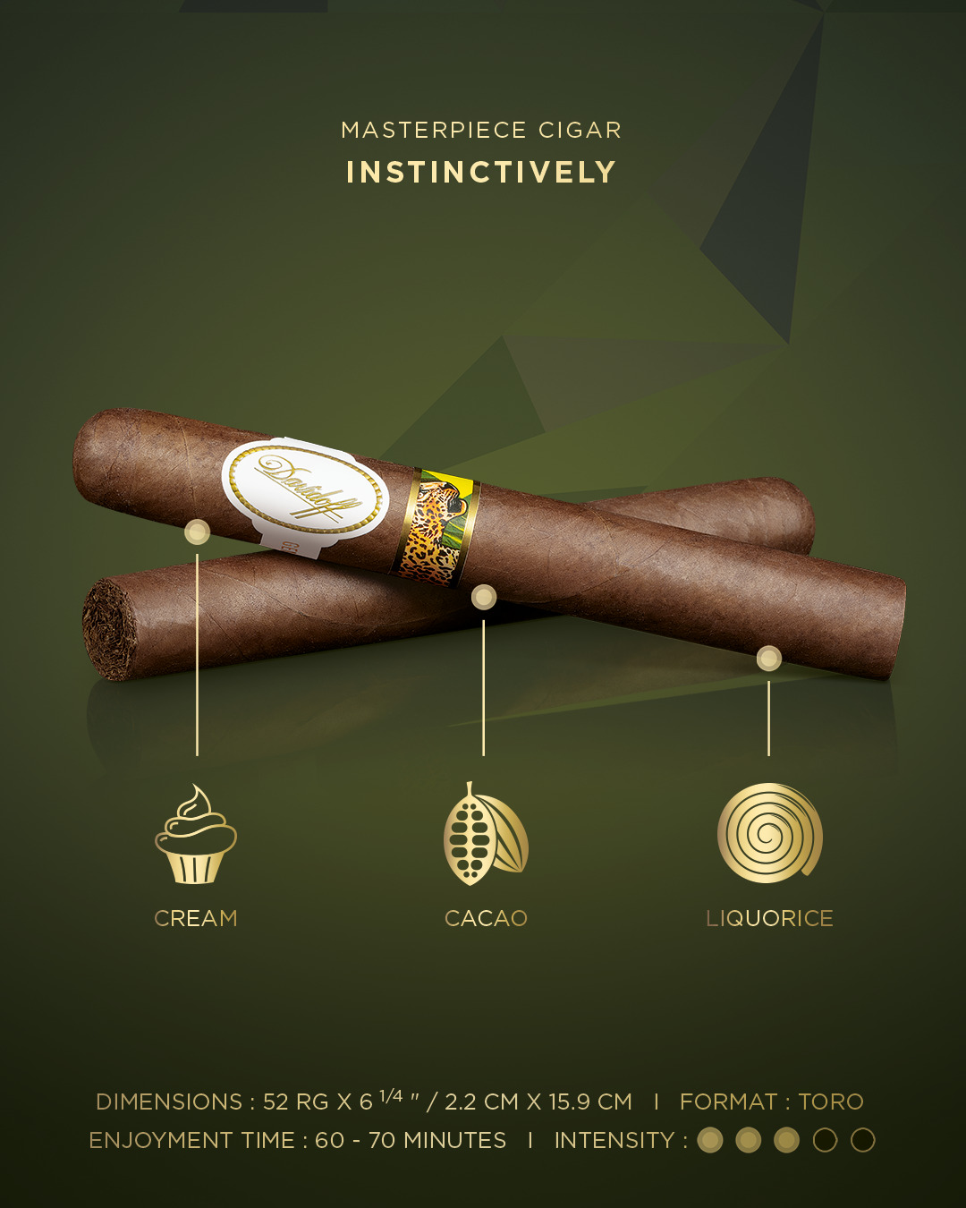 Two toro cigars which come with the Davidoff & Boyarde Masterpiece Humidor Instinctively with blend details displayed, such as main aromas, enjoyment time and intensity.