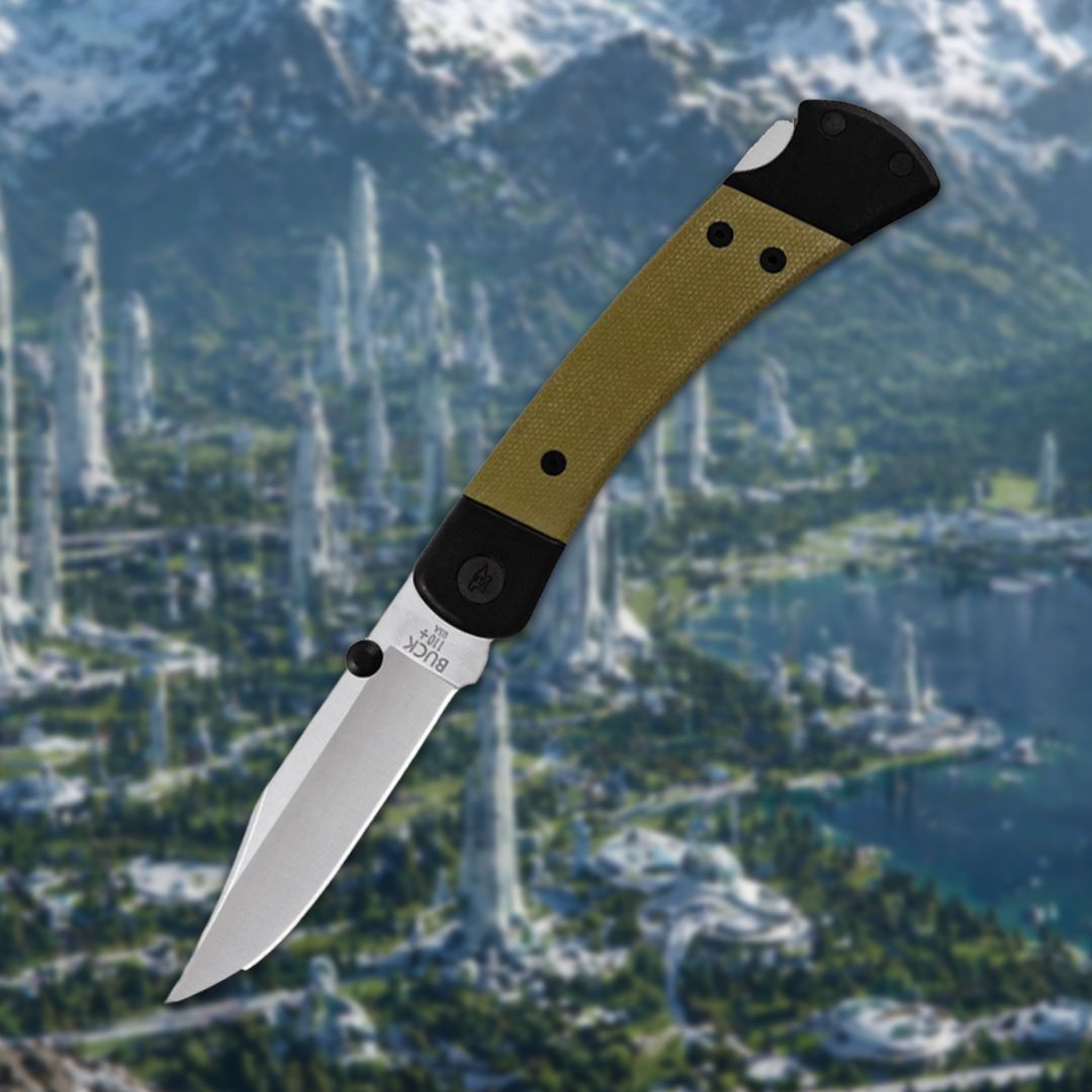 A folding knife with a silver blade and green handle against a futuristic landscape.