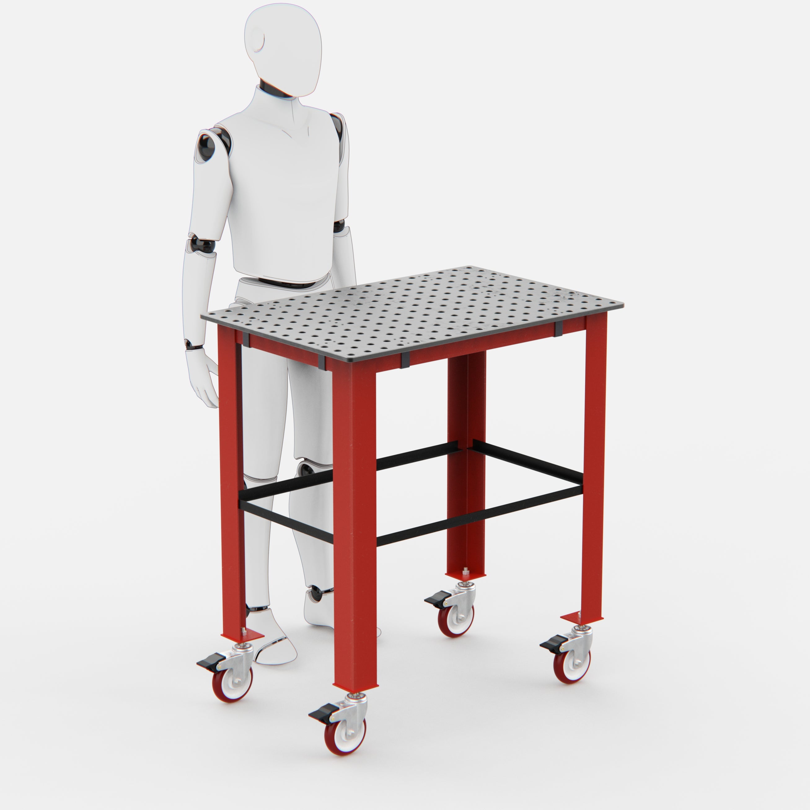 Red workbench with a perforated top and wheels for mobility.