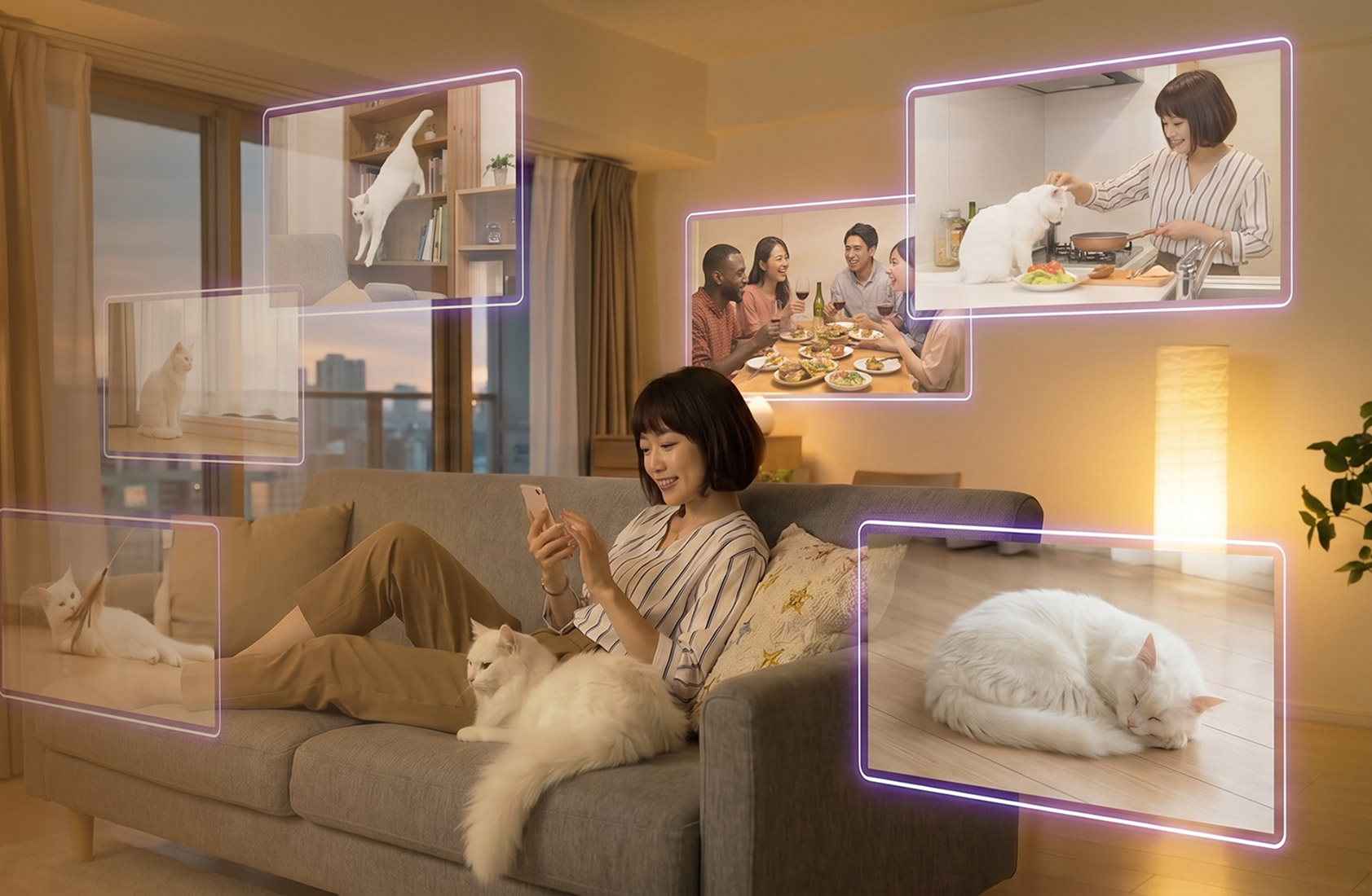 Person relaxing at home while viewing security camera recordings on a smartphone, with multiple video clips showing pet activity and family moments captured by Lorex cameras