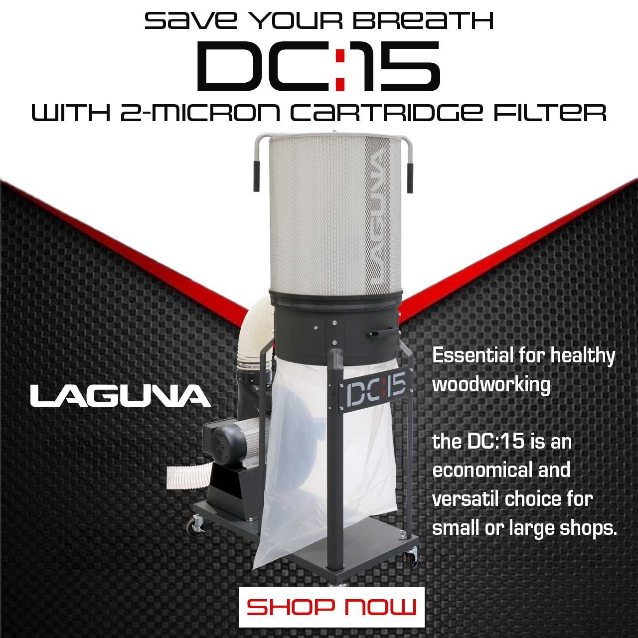 Dust collector advertisement for healthy woodworking with 2-micron cartridge filter.