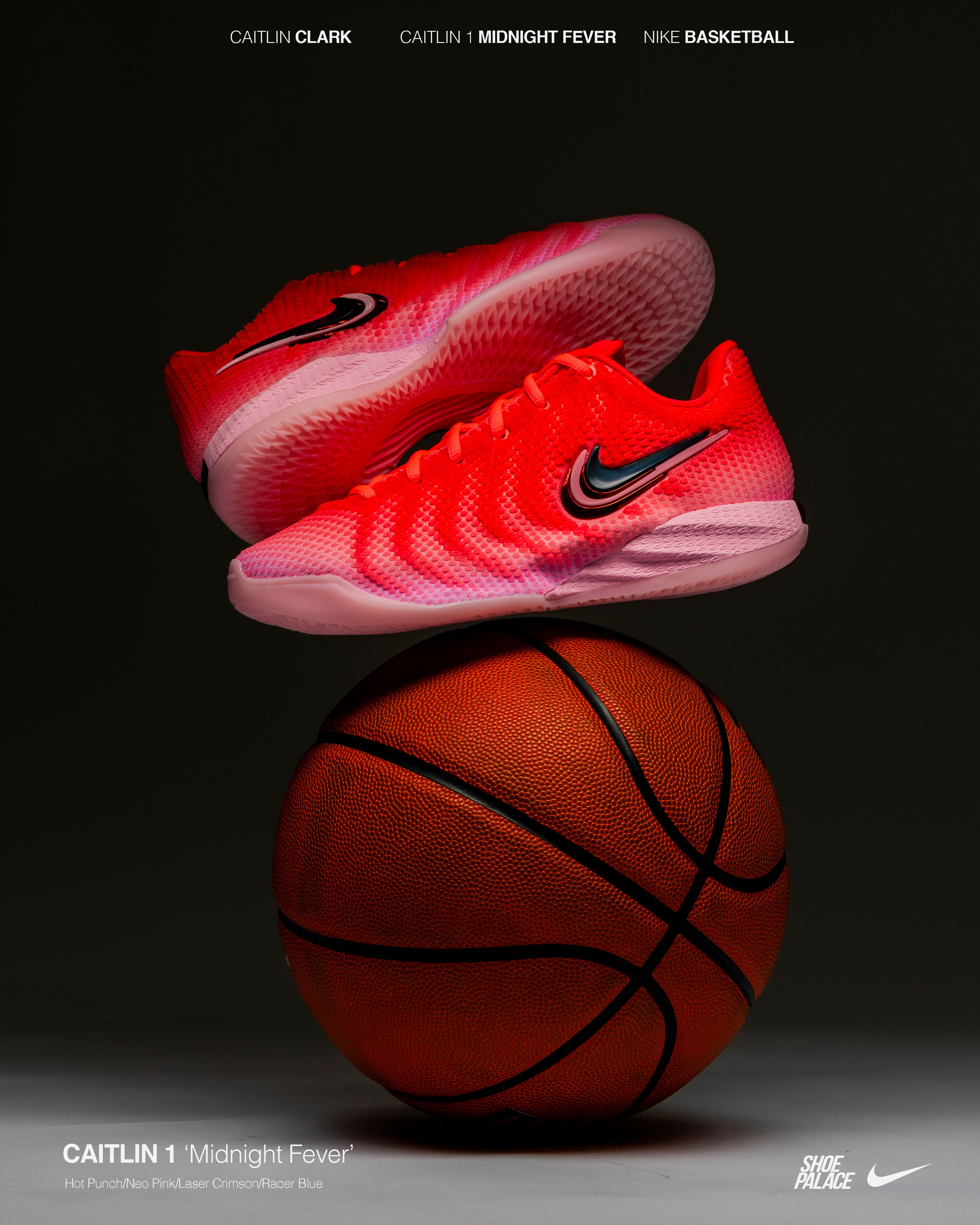Nike basketball shoes on top of an orange basketball against a dark background.