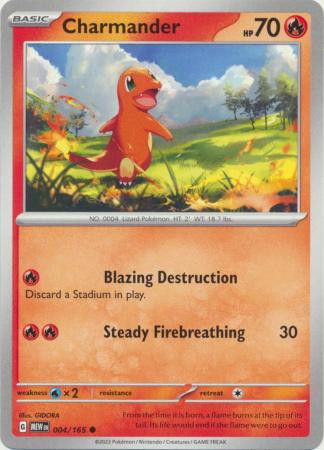 Charmander Pokémon card featuring abilities and artwork of the character.