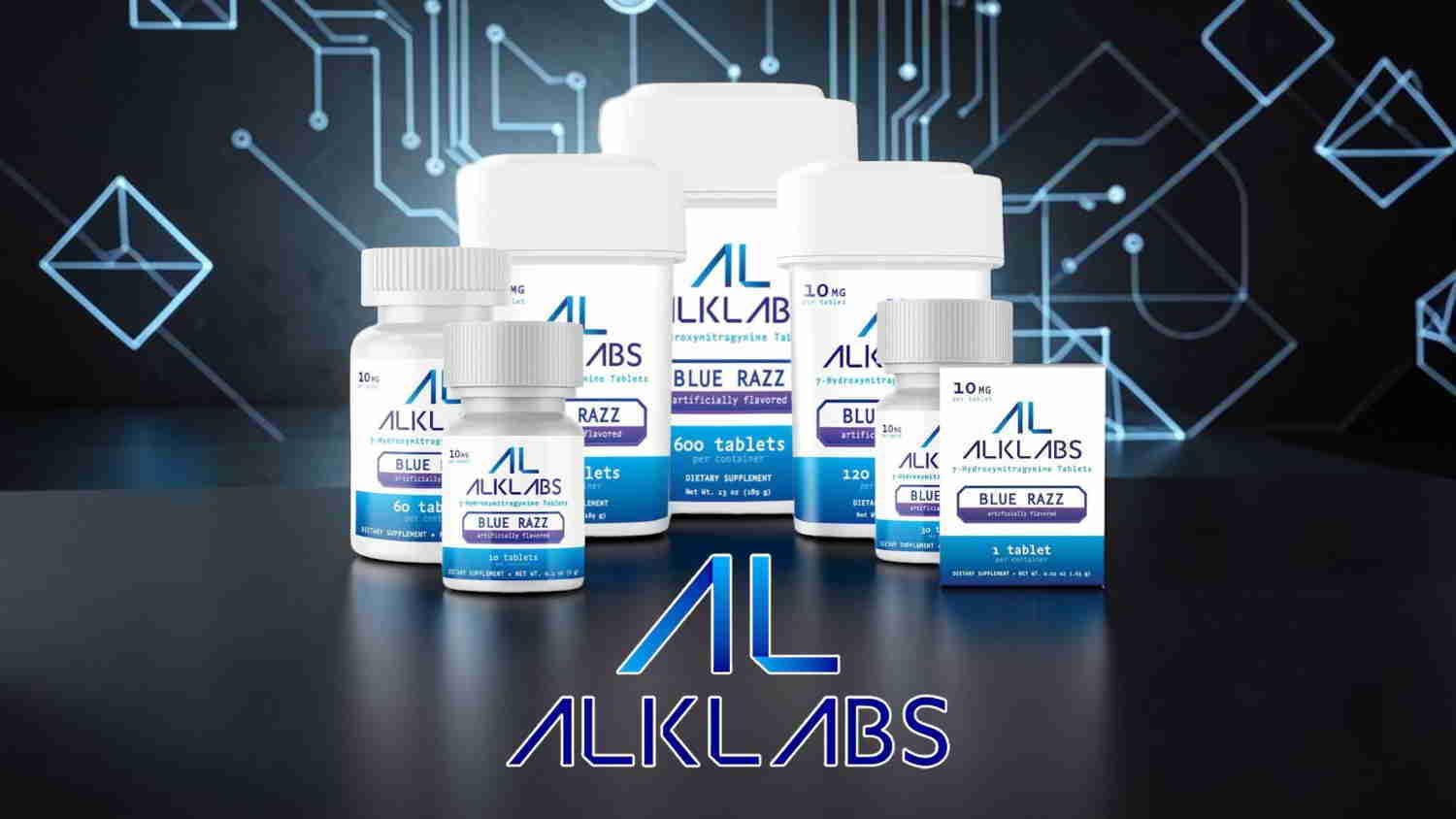Assorted supplement bottles with a digital background and AL Alklabs logo.