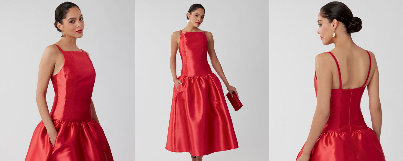 Woman modeling a red dress from multiple angles.