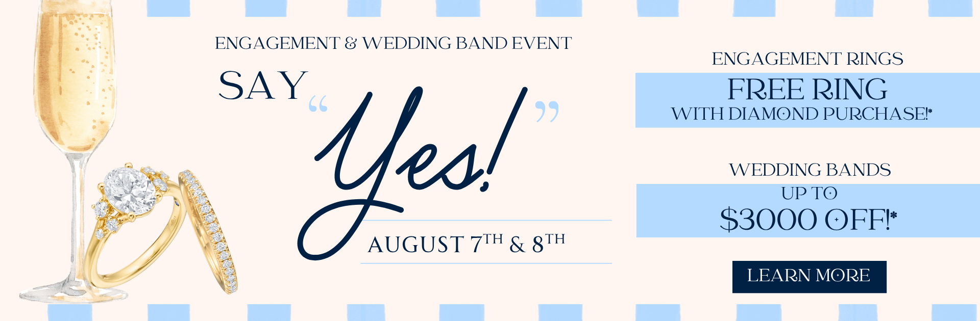 Banner promoting an event with champagne and the phrase 